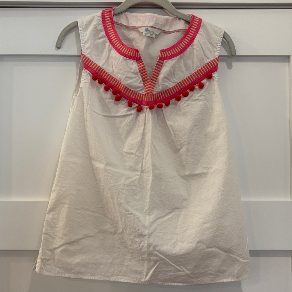 Boden woman sleeveless tank top white with pink pom poms size 4